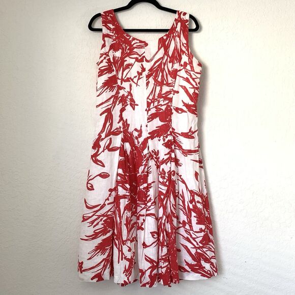Coldwater Creek Dress Women 12 White Red Floral 100% Linen Pleated Beach Coastal - Picture 2 of 8